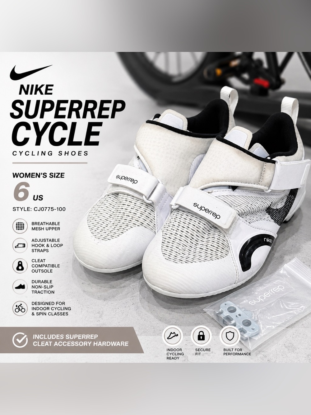 Nike SuperRep Cycle Women’s 6 White Black Indoor Cycling Shoes CJ0775-100
